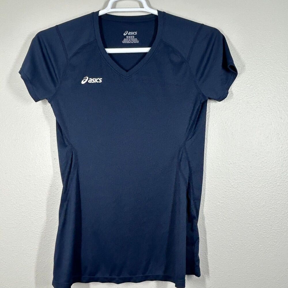 Asics Shirt Womens M Navy V-Neck Short Sleeve Athletic Running Top Gym Training